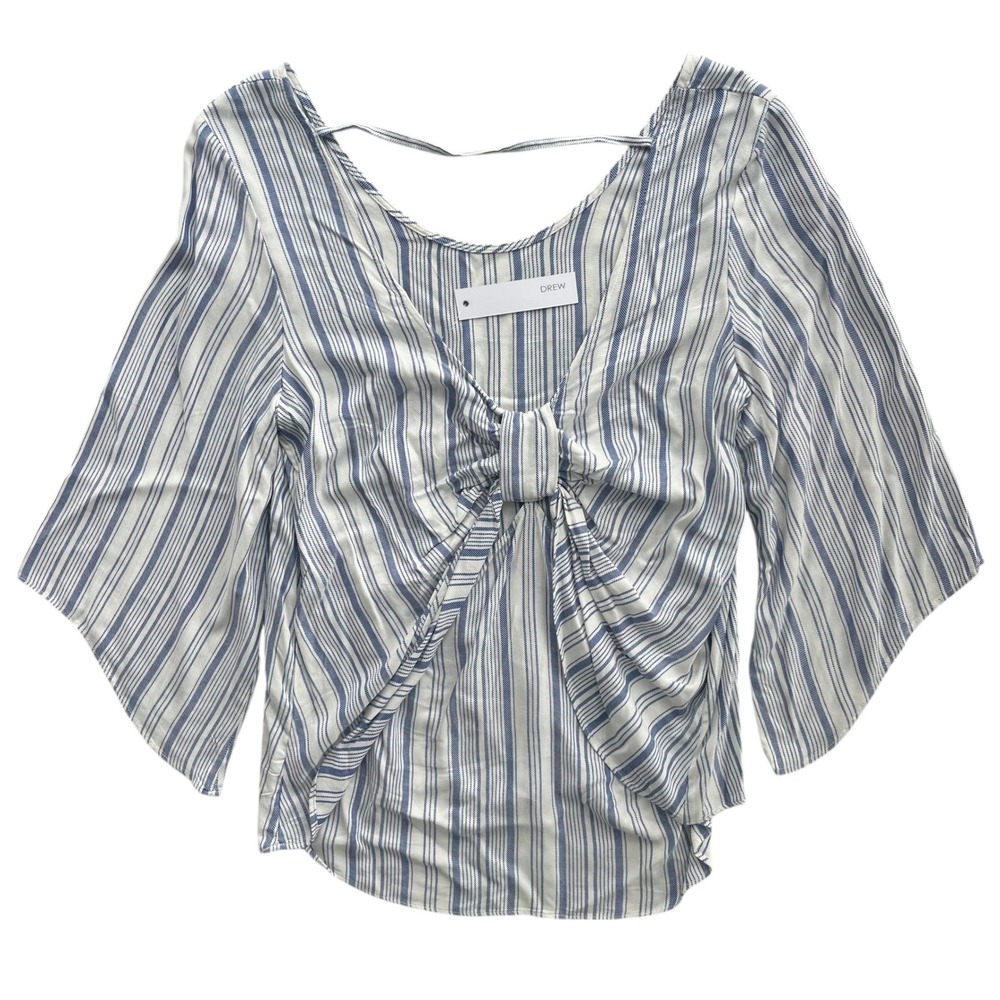 DREW Anthropologie L White Blue Striped Bow Back Bell Sleeves Blouse Preppy Chic